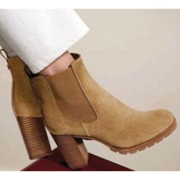 Tory Burch Shoes - Women’s Tory Burch Stafford Tan Suede Leather Ankle Lug Sole Heeled Booties 7.5